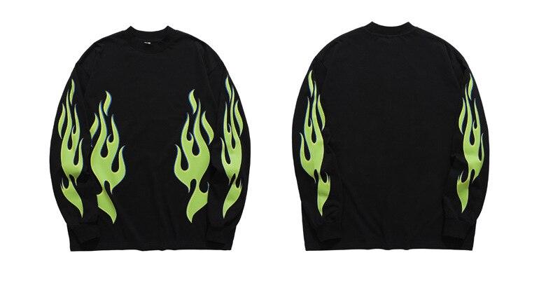 Fluorescent Green Fireworks Flame Printed Long Sleeve T-shirt VQ0239 - UncleDon JM