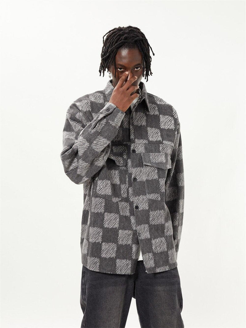 Gray Checkerboard Plaid Shirt 3732 - UncleDon JM