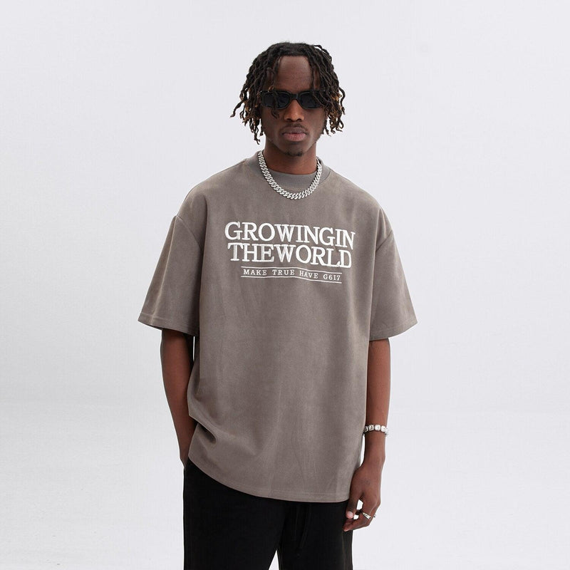 Growing In The World Embroidered Suede T-shirt S077 - UncleDon JM