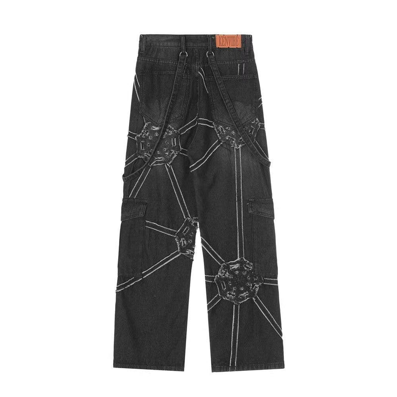 Black Spider Splicing Baggy Jeans 1636 - UncleDon JM