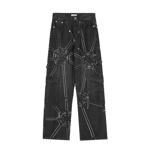 Black Spider Splicing Baggy Jeans 1636 - UncleDon JM