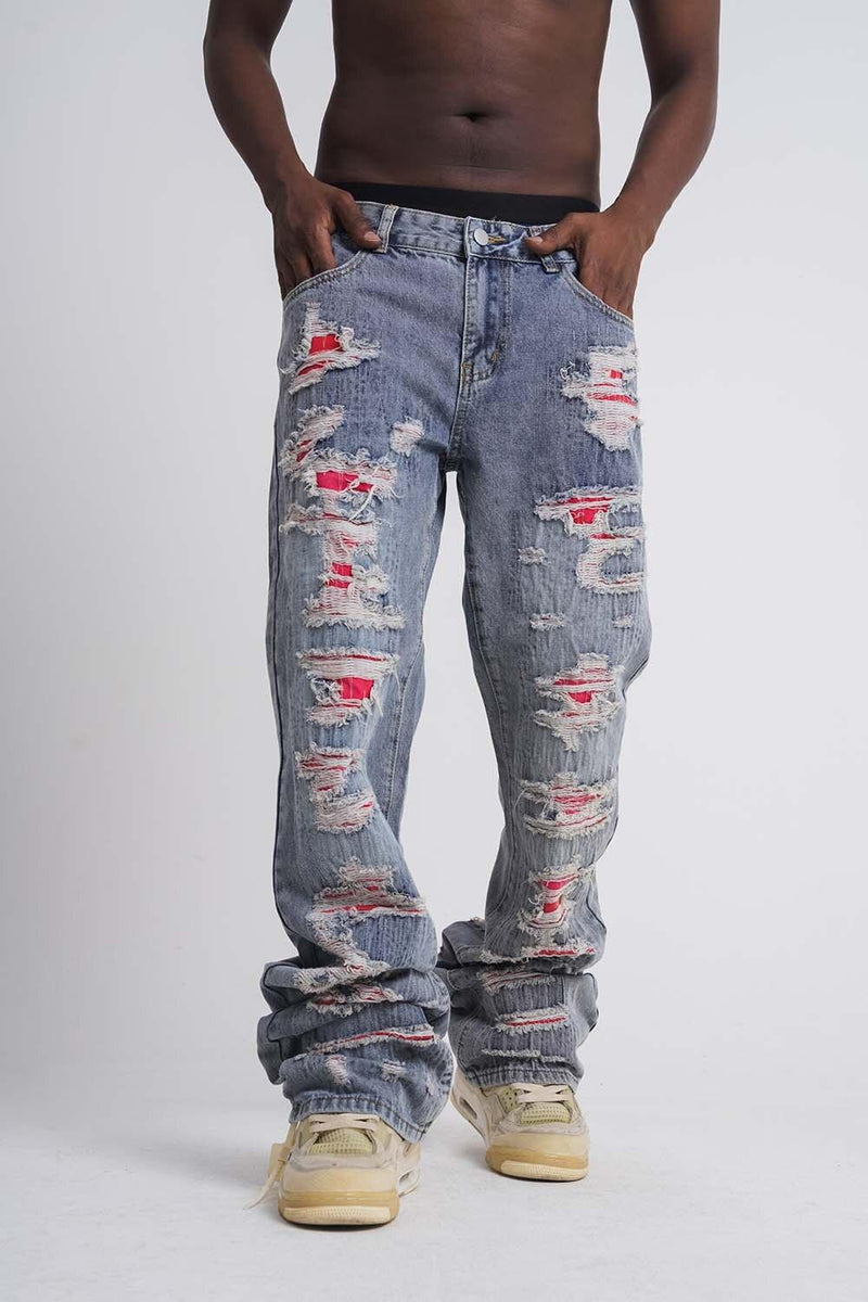 Contrast Distressed Denim Jeans AC56 - UncleDon JM