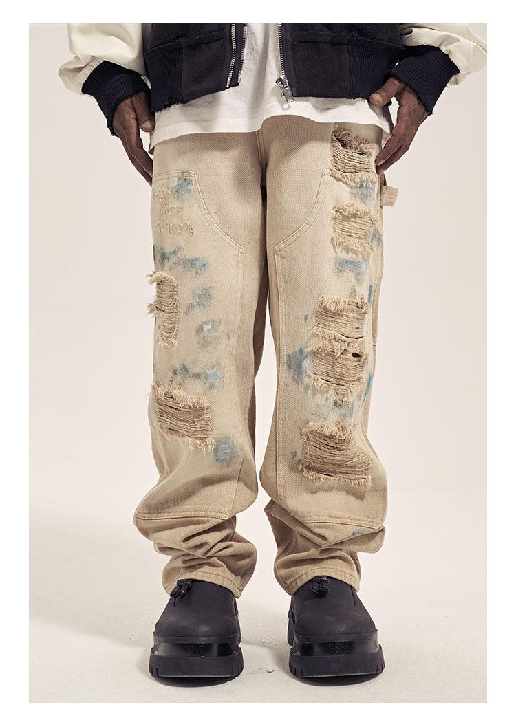 Khaki Graffiti Ripped Wide Leg Jeans N038 - UncleDon JM